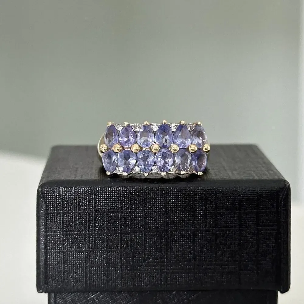14K Yellow Gold Tanzanite Double Row & Diamond Ladies Band Ring Size 5.5